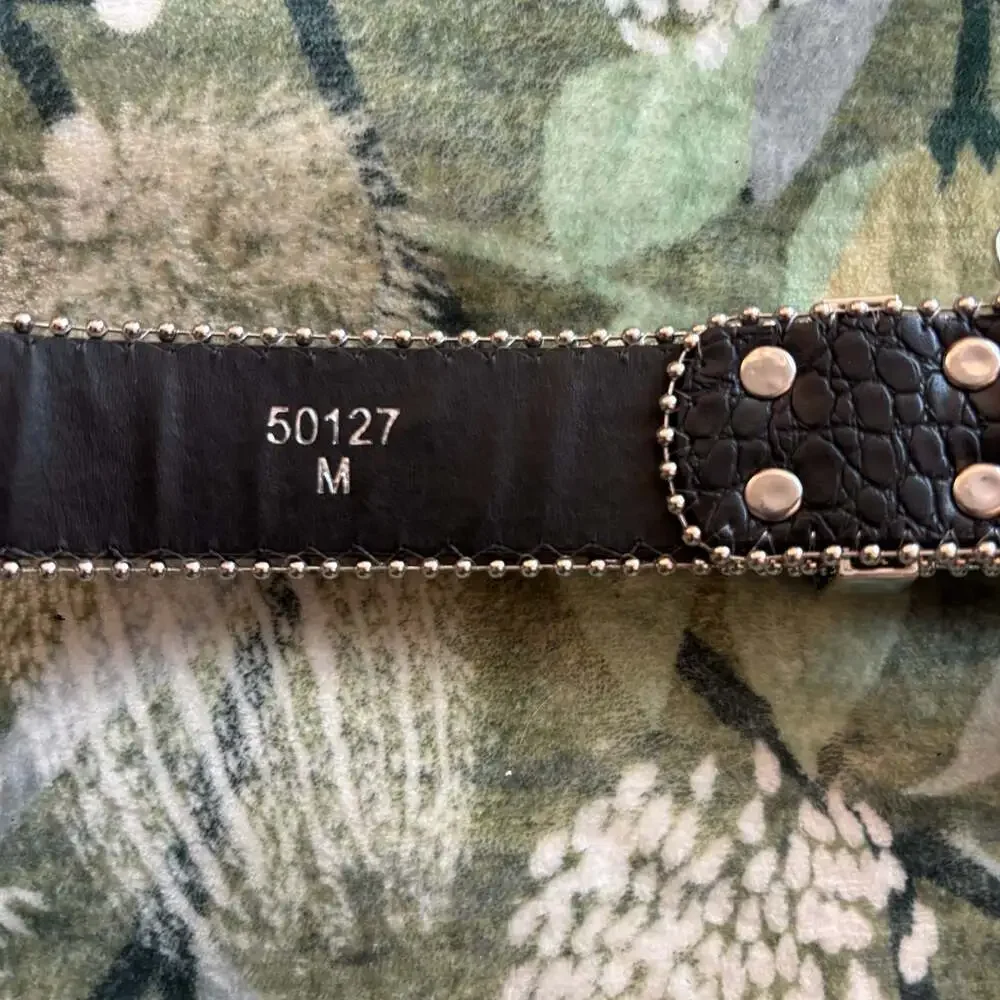 Y2K McBling Western Rhinestone and Cross Studded Black Crocodile Print Belt